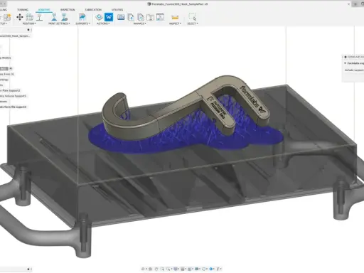 Modello 3D di un gancio con supporti reticolari, pronto per la stampa 3D. Interfaccia di Fusion 360 per la configurazione di esportazione Formlabs.