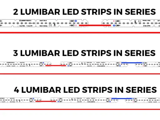 Schema collegamento led in serie: 2, 3 o 4 Lumibar LED strips collegate a un driver.