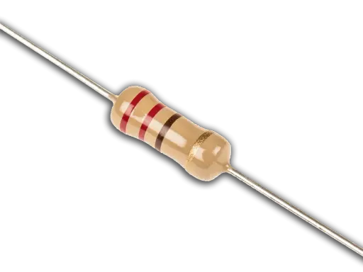 Resistenze elettronica con bande colorate (marrone, rosso, marrone, oro) su corpo beige.