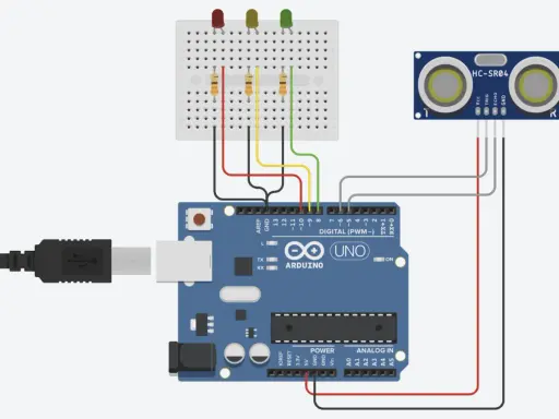 Schema di un **arduino project** con sensore a ultrasuoni HC-SR04, breadboard, LED e resistori collegati a un Arduino Uno.