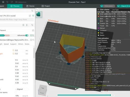 Interfaccia di slicing con modello 3D, impostazioni di stampa e codice G. Confronto tra Klipper e Marlin per ottimizzare la stampa.