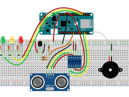 Schema di prototipazione per progetti Arduino per auto: sensore ultrasuoni, LED, buzzer e transistor su breadboard.