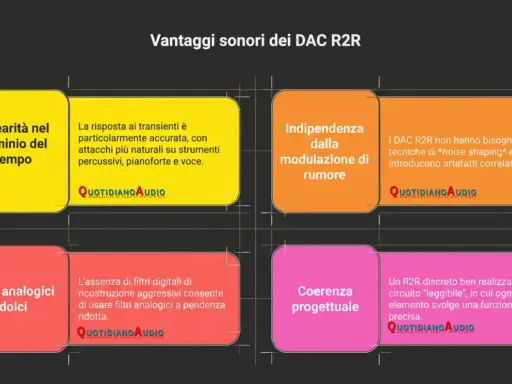 Vantaggi dei DAC R2R: linearità temporale, risposta ai transienti accurata, indipendenza dal rumore, assenza di filtri digitali aggressivi e coerenza progettuale grazie ai resistori pesati.