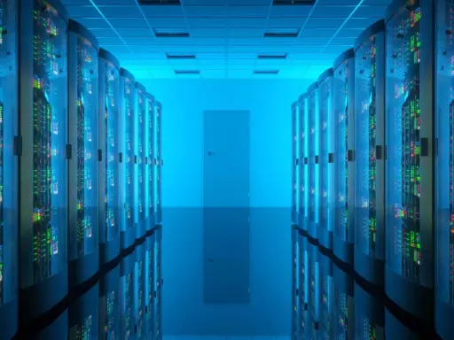 Corridoio di un data center con file di server luminosi. Qui risiede la risposta a cos'è un database: un sistema organizzato per archiviare e gestire dati.
