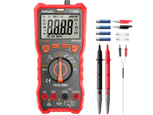 Multimetro rosso con puntali, batterie e fusibili. Utile per la prova transistor schema.