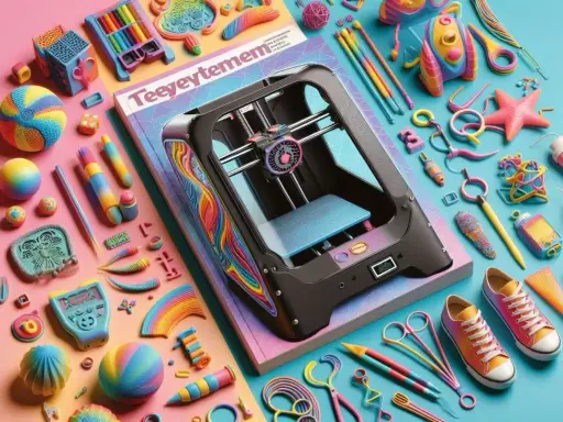 Stampante 3d circondata da giocattoli colorati e strumenti creativi, un vero sito 3d di fantasia.