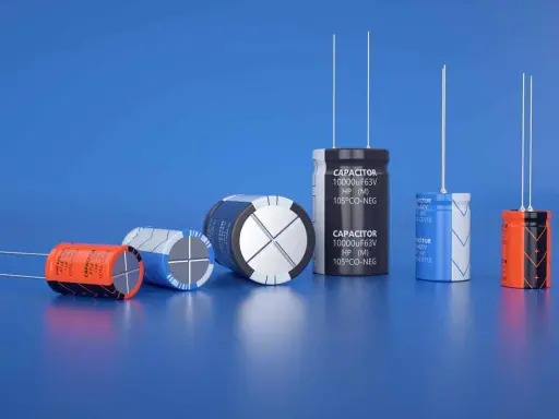 Varietà di condensatori di diverse dimensioni e colori, alcuni con etichette visibili, disposti su sfondo blu.