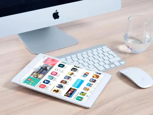 Un tablet mostra l'App Store, con icone di giochi e app, suggerendo come creare app. Un iMac, tastiera e mouse completano la scena.