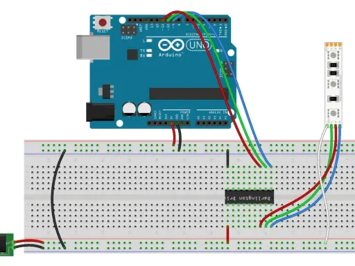 Arduino Uno collegato a una striscia led rgb tramite breadboard.