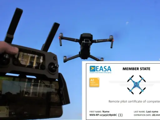 Drone in volo controllato da remoto, con certificato A2 Open Category EASA.