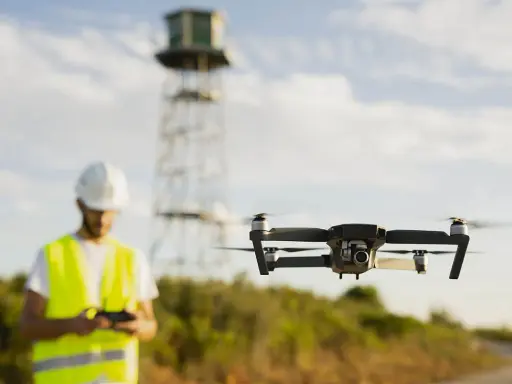 Uomo con elmetto e giubbotto alta visibilità controlla drone in volo. Potrebbe essere un corso per ottenere il patentino drone gratis Lussemburgo.