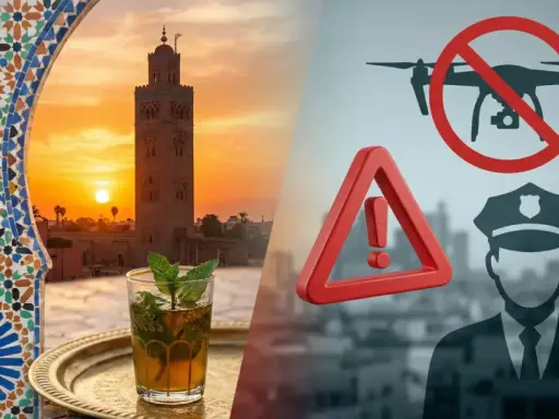 Splendido tramonto in Marocco con tè alla menta, ma attenzione: il **drone Marocco** è vietato, segnalato da un poliziotto.
