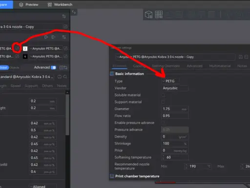Impostazioni filamento PETG in Anycubic Slicer: tipo, fornitore e diametro.