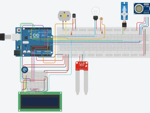 Schema di una serra domotica con Arduino, sensori di umidità, temperatura, ultrasuoni, servomotore e display LCD.