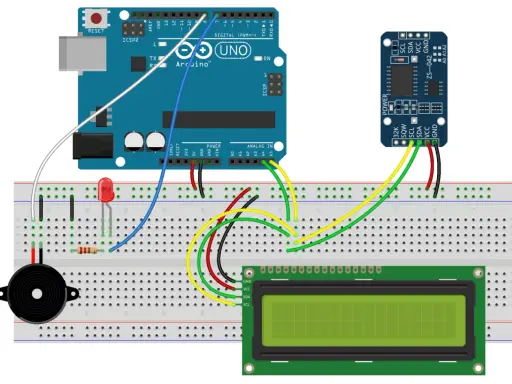 Arduino Uno con modulo ds3231, display LCD, LED e buzzer su breadboard.