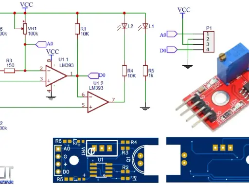 Schema con LM393 e modulo sensore sonoro per Arduino. Il circuito usa comparatori per rilevare suoni.