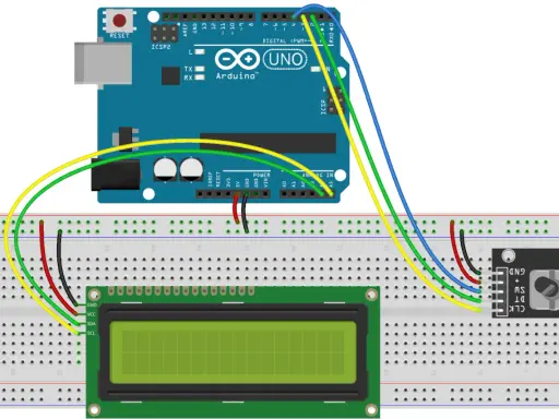 Arduino Uno collegato a un display LCD e a un encoder rotativo su breadboard.