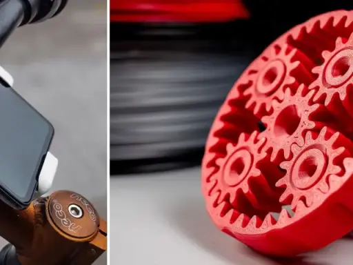 Supporto per smartphone da bicicletta stampato in ASA e un complesso ingranaggio planetario rosso, anch'esso stampato in 3D.