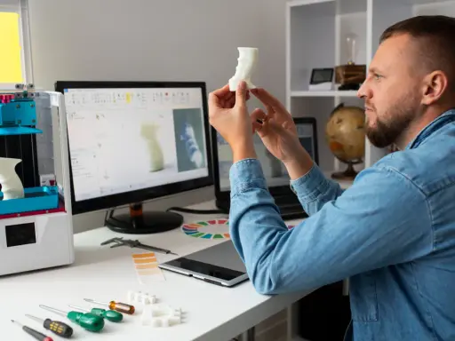 Uomo osserva un oggetto stampato in 3D, con un computer che mostra un modello 3D e una stampante 3D. Verifica i requisiti per Fusion 360.