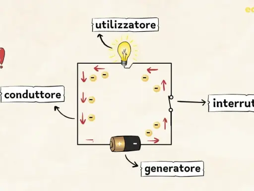 Schema di elettricità per scuola media: generatore, conduttore, utilizzatore e interruttore in un circuito con elettroni.