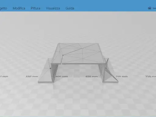 Un modello 3D di un supporto per ripiani, creato con un 3D builder. Le dimensioni sono indicate in millimetri.