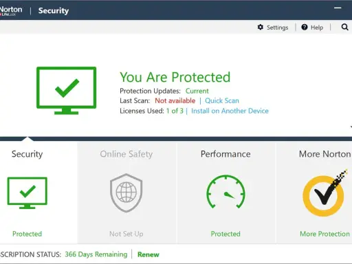 Norton Security: "You Are Protected". Un antivirus che offre la migliore protezione gratuita, con aggiornamenti attuali e 366 giorni rimanenti.