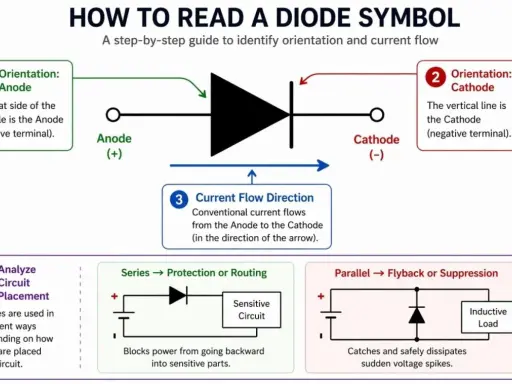 Schema del diodo ideale: identifica anodo, catodo e direzione del flusso di corrente. Illustra usi in serie e parallelo.