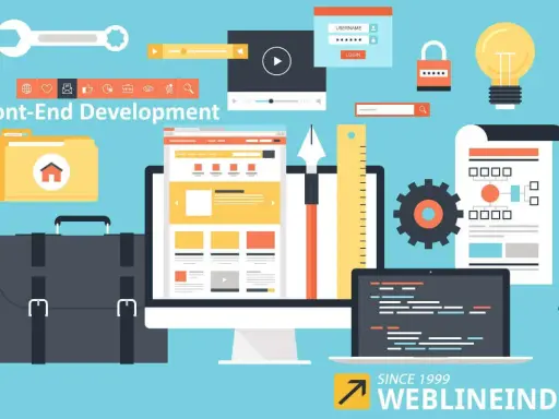 Strumenti e icone per la programmazione front end: computer, laptop con codice, valigetta, lampadina, ingranaggio, righello.