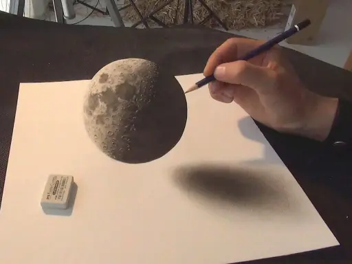 Un incredibile mano 3d disegno della luna, con un'ombra realistica che si proietta sulla carta.