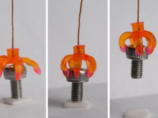 Un oggetto stampato in 4d, simile a un fiore arancione, si apre e si chiude attorno a un bullone, dimostrando la sua flessibilità.