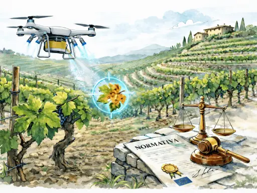 Un drone sorvola una vigna, monitorando una foglia malata. Sotto, bilancia della giustizia e normativa, per riprese con drone autorizzazioni.