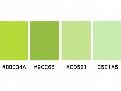 Quattro tonalità di verde, dal lime brillante al pastello, con codici RGB: #8BC34A, #9CC65, AED581, C5E1A5.