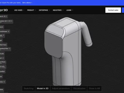 Interfaccia di Shapr3D, un software per modellazione 3D. Esplora i **programmi 3d gratis** per creare modelli come questo.