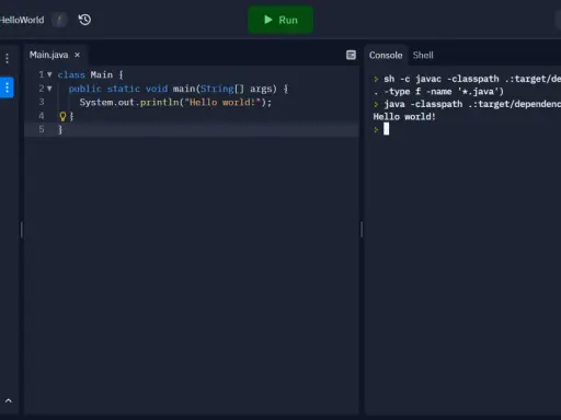 Un esempio di java tutorial italiano: codice "Hello World!" in un editor, con output nella console.