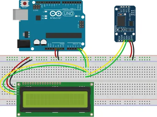 Schema di un **arduino clock** con display LCD e modulo RTC collegati a una breadboard.