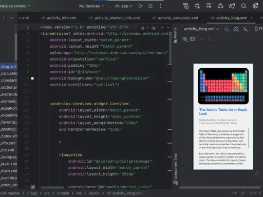 Schermata di Android Studio con codice XML per la programmazione Android. Visualizza la tavola periodica in un'app.