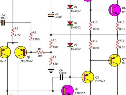 Schema elettrico che illustra come funziona un circuito elettrico con transistor, resistori, condensatori e diodi, culminando in un altoparlante.