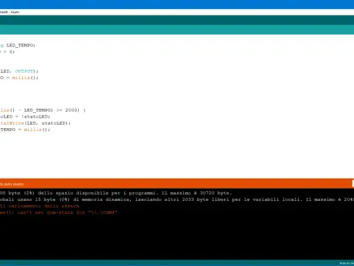 Codice Arduino su Mac per far lampeggiare un LED. Errore di caricamento sketch su COM4.