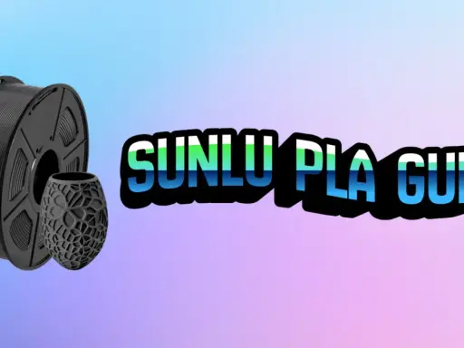 Bobina di filamento nero e un oggetto stampato in 3D, con testo "SUNLU PLA GUIDE". Ottieni i migliori **Sunlu PLA settings** per le tue stampe.