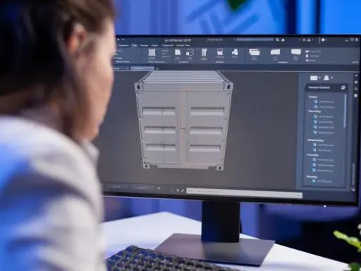 Persona lavora su un modello 3D di un container, esplorando le potenzialità della tecnologia 3D per la progettazione.