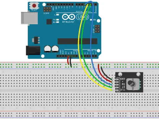 Schema di collegamento di un Arduino UNO a una breadboard con un encoder rotativo. Il **sketch Arduino** è in fase di realizzazione.