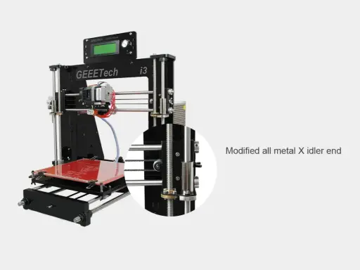 Stampante 3D Geeetech i3 Pro B con dettaglio ingrandito del supporto metallico modificato per l'asse X.