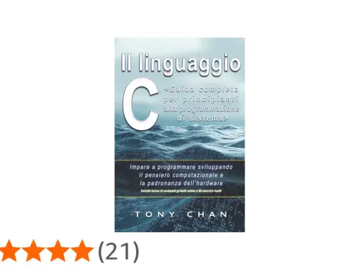 Copertina del libro "Il linguaggio C", guida completa per principianti alla programmazione di sistema, con onde stilizzate e codice binario.