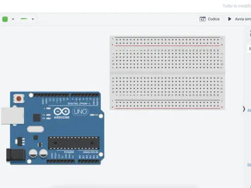 Arduino Uno collegato a una breadboard in Autodesk Circuits.