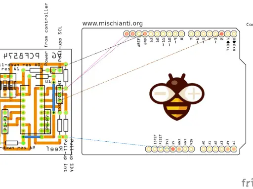 Schema di collegamento Fritzing Arduino con componenti per comunicazione I2C, inclusi resistori pull-up e pull-down.