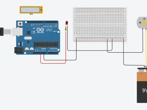 Schema di collegamento con Arduino Uno, breadboard, LED, motore e batteria 9V. Un progetto base per imparare l'elettronica.