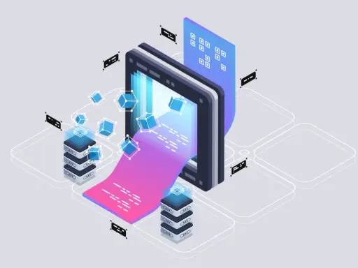 Server che elaborano dati, con cubi blu che fluttuano. Un flusso di dati viola e rosa esce da un tablet, mostrando come sql è un linguaggio di programmazione.