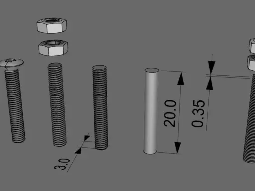 Dettagli di filettature SolidWorks: bulloni, dadi e un cilindro con misure.