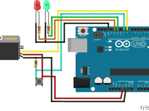 Schema di collegamento con servo, due LED, un pulsante e Arduino Uno. Il servo è collegato a un pin digitale.