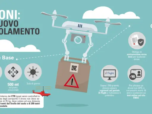 Infografica sul nuovo regolamento droni: regole base, obblighi e licenza droni per volare in sicurezza.